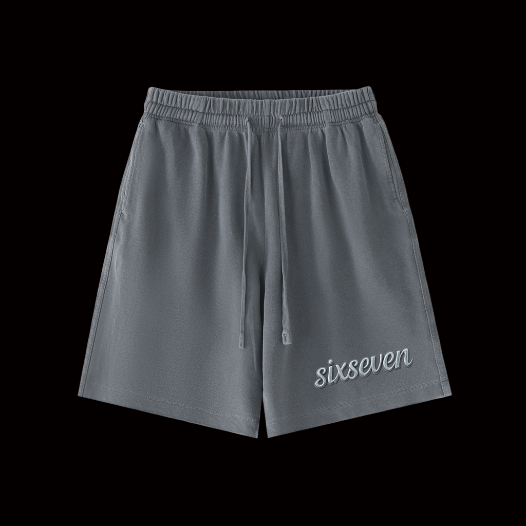 Gray shorts with 'sixseven' branding on a white background