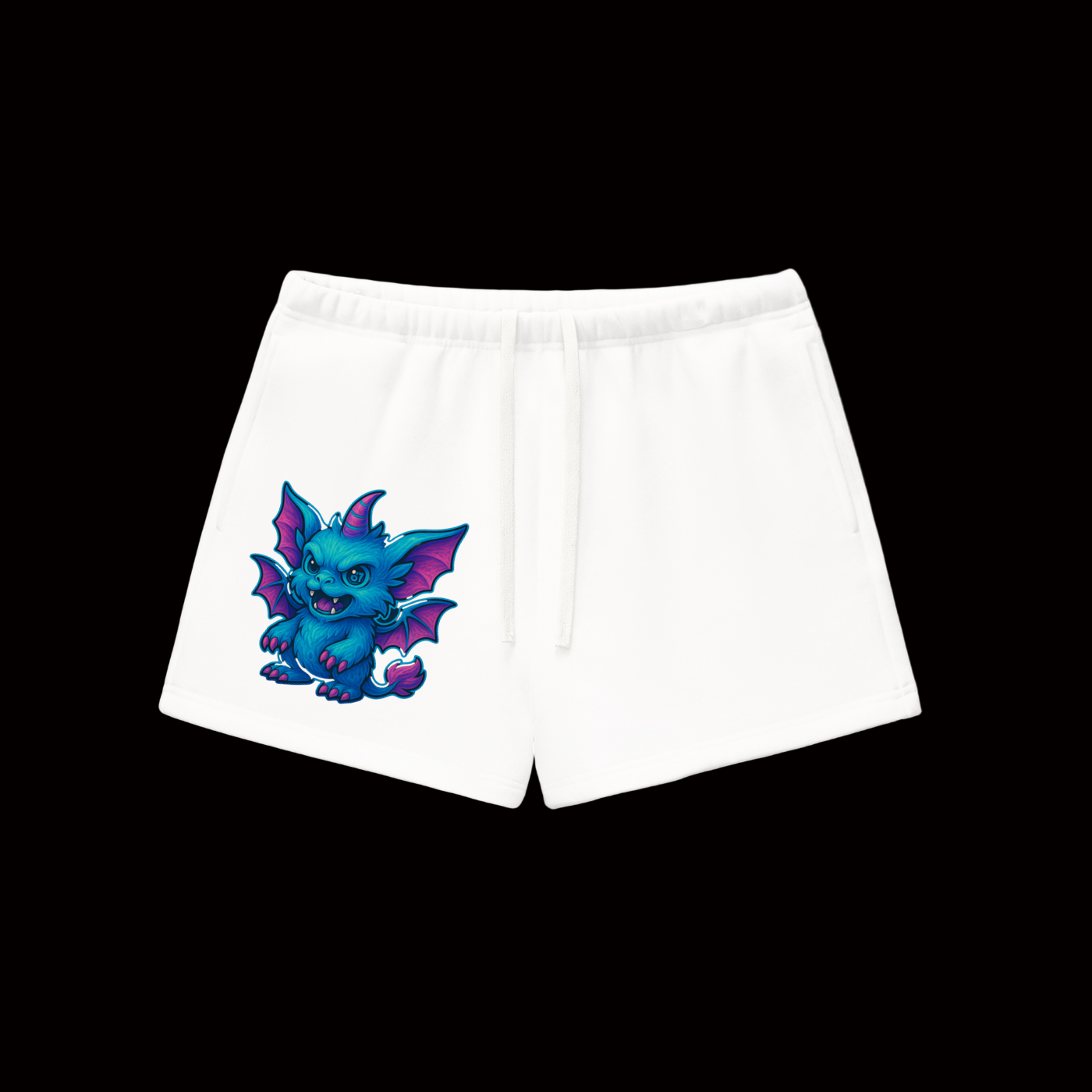 White shorts with a blue dragon graphic on a white background